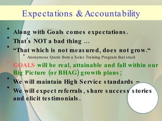 Expectations & Accountability Along with Goals comes expectations.  That’s NOT a bad thing … “ That which is not measured, does not grow.“ Anonymous Quote from a Sales Training Program that stuck GOALS  will be real, attainable and fall within our Big Picture (or BHAG) growth plans; We will maintain High Service standards –  We will expect referrals, share success stories and elicit testimonials. 