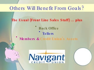 Others Will Benefit From Goals? The Usual (Front Line Sales Staff) … plus Back Office Tellers  Members &  Credit Union’s Assets 