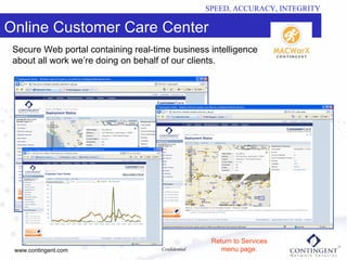 Secure Web portal containing real-time business intelligence about all work we’re doing on behalf of our clients.  Online Customer Care Center Return to Services menu page. 