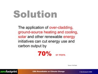 The application of  over-cladding, ground-source heating and cooling, solar  and other renewable  energy  initiatives can cut energy use and carbon output by  70%  or more. Source: Ted Kesik Solution 