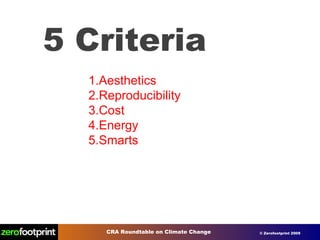 5 Criteria Aesthetics Reproducibility Cost Energy Smarts 