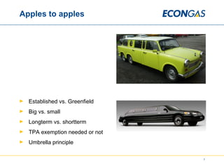 Apples to apples Established vs. Greenfield Big vs. small Longterm vs. shortterm TPA exemption needed or not Umbrella principle 