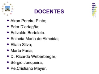   DOCENTES Airon Pereira Pinto; Eder D’artagña;  Edivaldo Bortoleto. Eninéia Maria de Almeida; Eliata Silva; Marta Faria; D. Ricardo Weberberger;  Sérgio Junqueira;  Pe.Cristiano Mayer. 