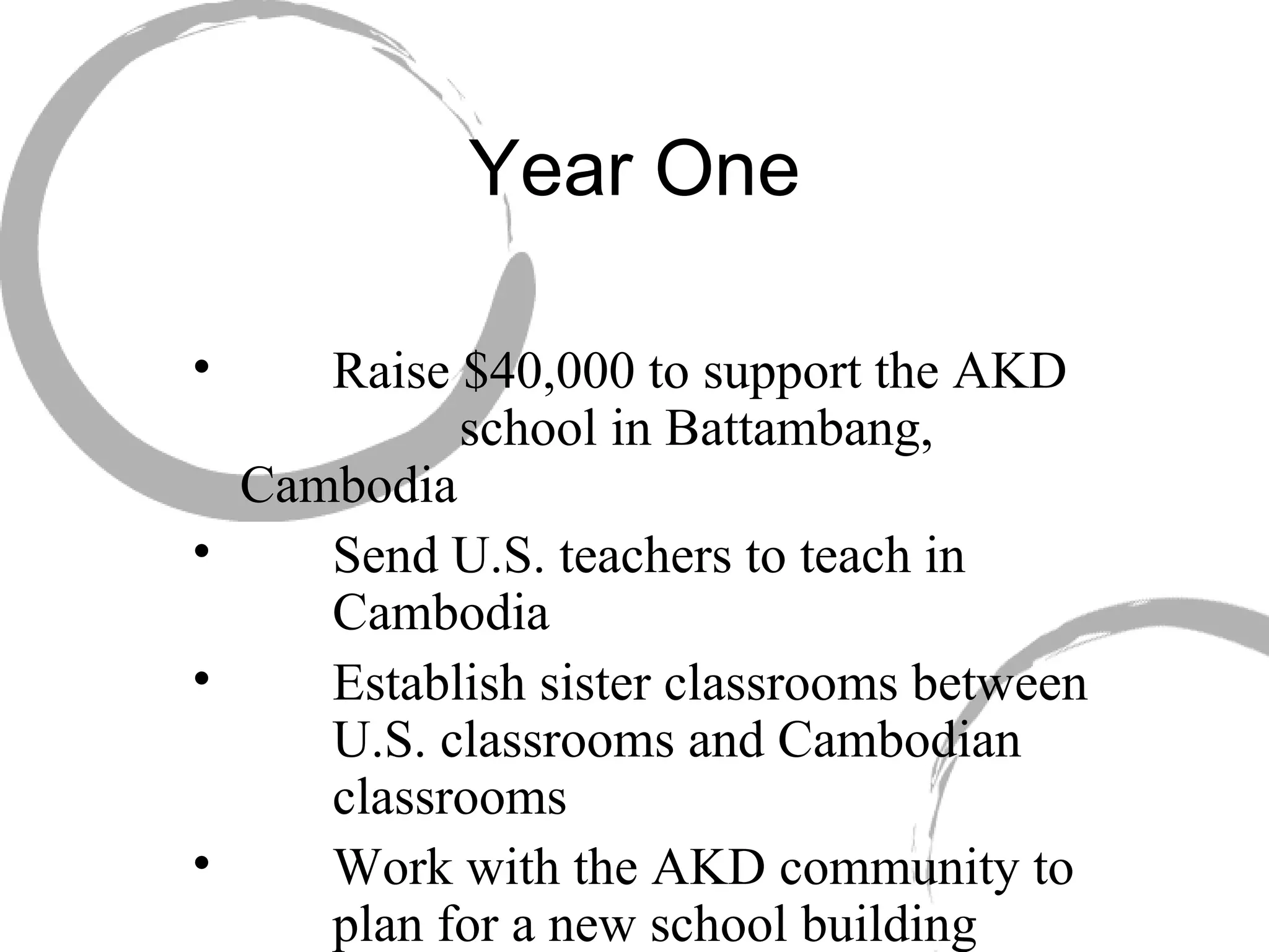 Year One   Raise $40,000 to support the AKD   school in Battambang, Cambodia   Send U.S. teachers to teach in   Cambodia   Establish sister classrooms between   U.S. classrooms and Cambodian   classrooms   Work with the AKD community to   plan for a new school building 