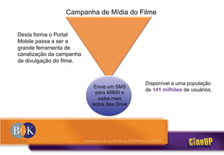 Campanha de Mídia do Filme
Envie um SMS
para 48800 e
saiba mais
sobre Sex Drive
Desta forma o Portal
Mobile passa a ser a
grande ferramenta de
canalização da campanha
de divulgação do filme.
Disponível a uma população
de 141 milhões de usuários.
 