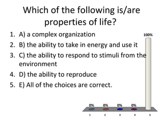 Which of the following is/are properties of life?  A) a complex organization   B) the ability to take in energy and use it   C) the ability to respond to stimuli from the environment   D) the ability to reproduce   E) All of the choices are correct.   