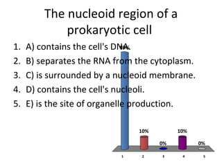 The nucleoid region of a prokaryotic cell  A) contains the cell's DNA.   B) separates the RNA from the cytoplasm.   C) is surrounded by a nucleoid membrane.   D) contains the cell's nucleoli.   E) is the site of organelle production.   