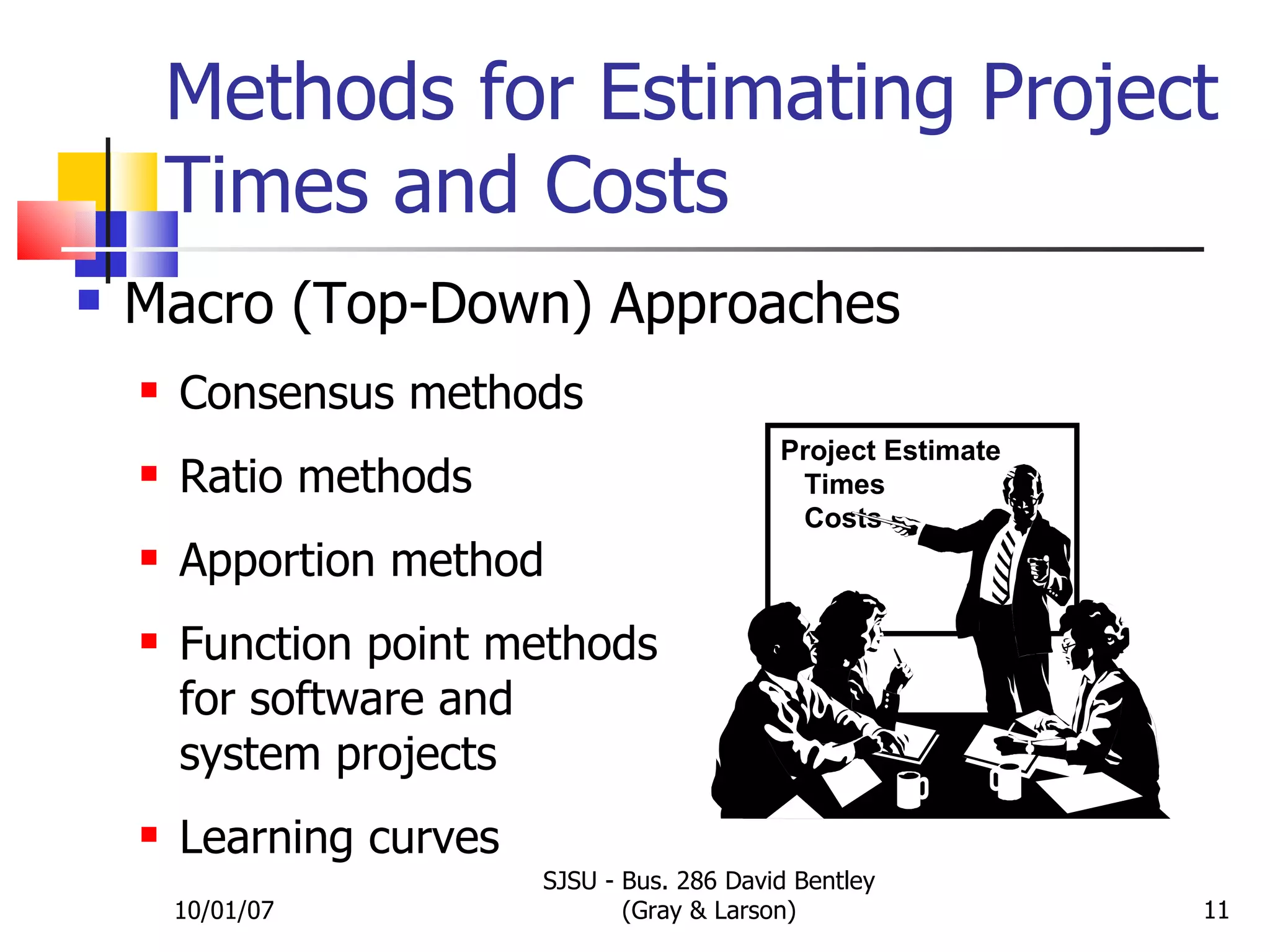 Methods for Estimating Project Times and Costs Macro (Top-Down) Approaches Consensus methods Ratio methods Apportion method Function point methods for software and  system projects Learning curves 10/01/07 SJSU - Bus. 286 David Bentley (Gray & Larson) Project Estimate Times Costs 