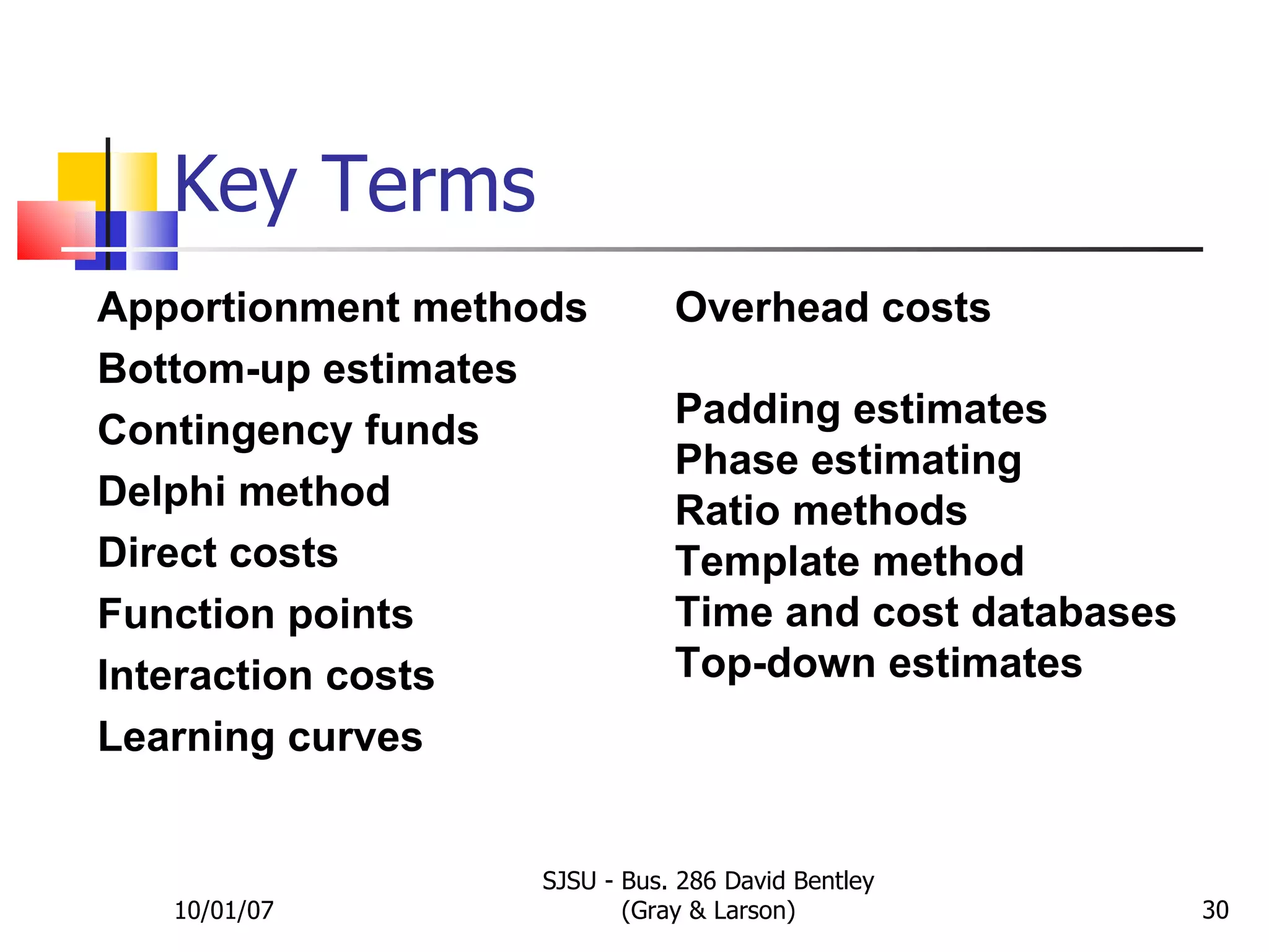 Key Terms 10/01/07 SJSU - Bus. 286 David Bentley (Gray & Larson) Apportionment methods Bottom-up estimates Contingency funds Delphi method Direct costs Function points Interaction costs Learning curves Overhead costs  Padding estimates Phase estimating Ratio methods Template method Time and cost databases Top-down estimates 