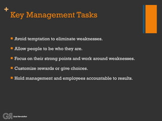 Key Management Tasks Avoid temptation to eliminate weaknesses. Allow people to be who they are. Focus on their strong points and work around weaknesses. Customize rewards or give choices. Hold management and employees accountable to results. 