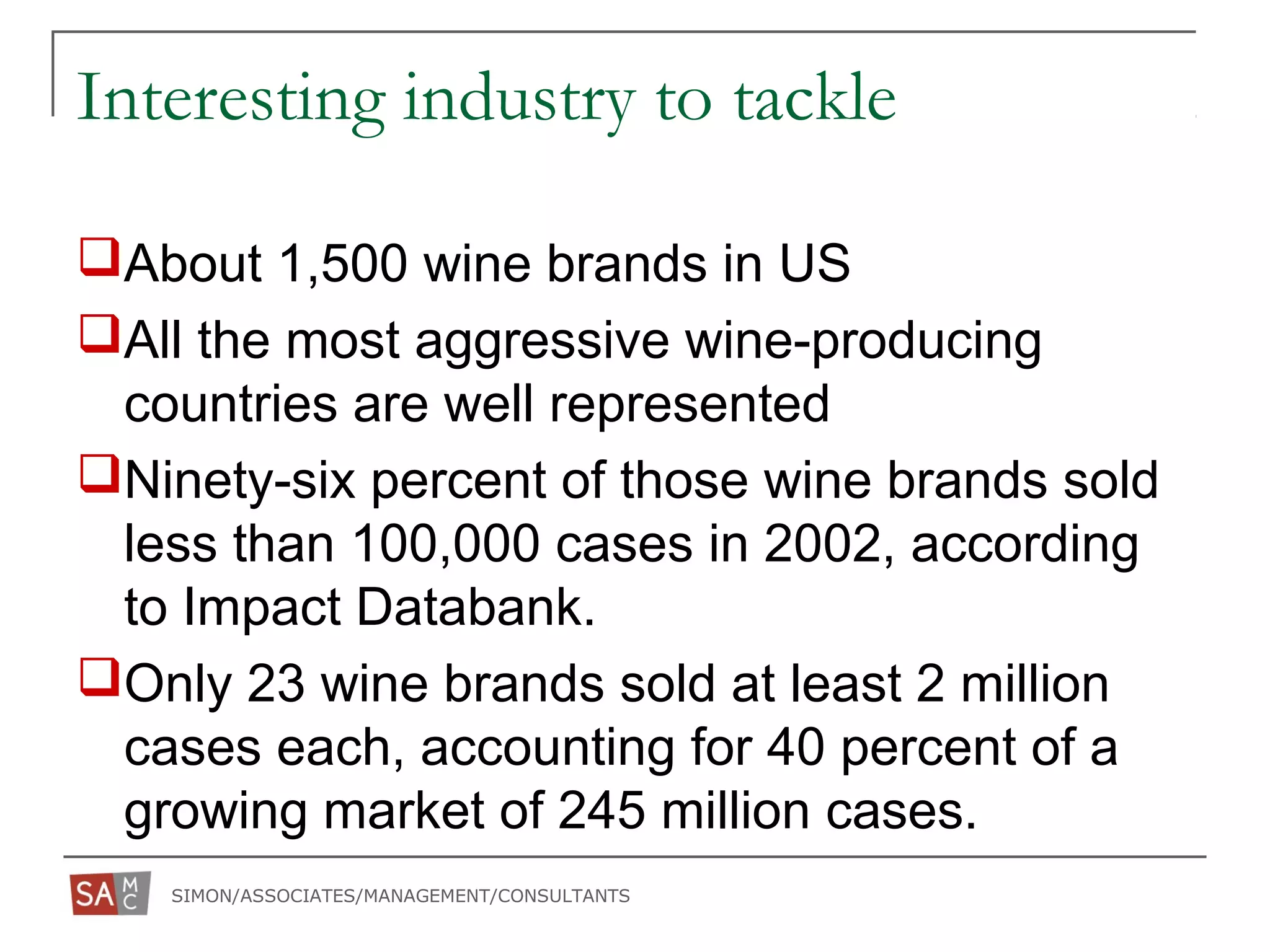 SIMON/ASSOCIATES/MANAGEMENT/CONSULTANTS
Interesting industry to tackle
About 1,500 wine brands in US
All the most aggressive wine-producing
countries are well represented
Ninety-six percent of those wine brands sold
less than 100,000 cases in 2002, according
to Impact Databank.
Only 23 wine brands sold at least 2 million
cases each, accounting for 40 percent of a
growing market of 245 million cases.
 