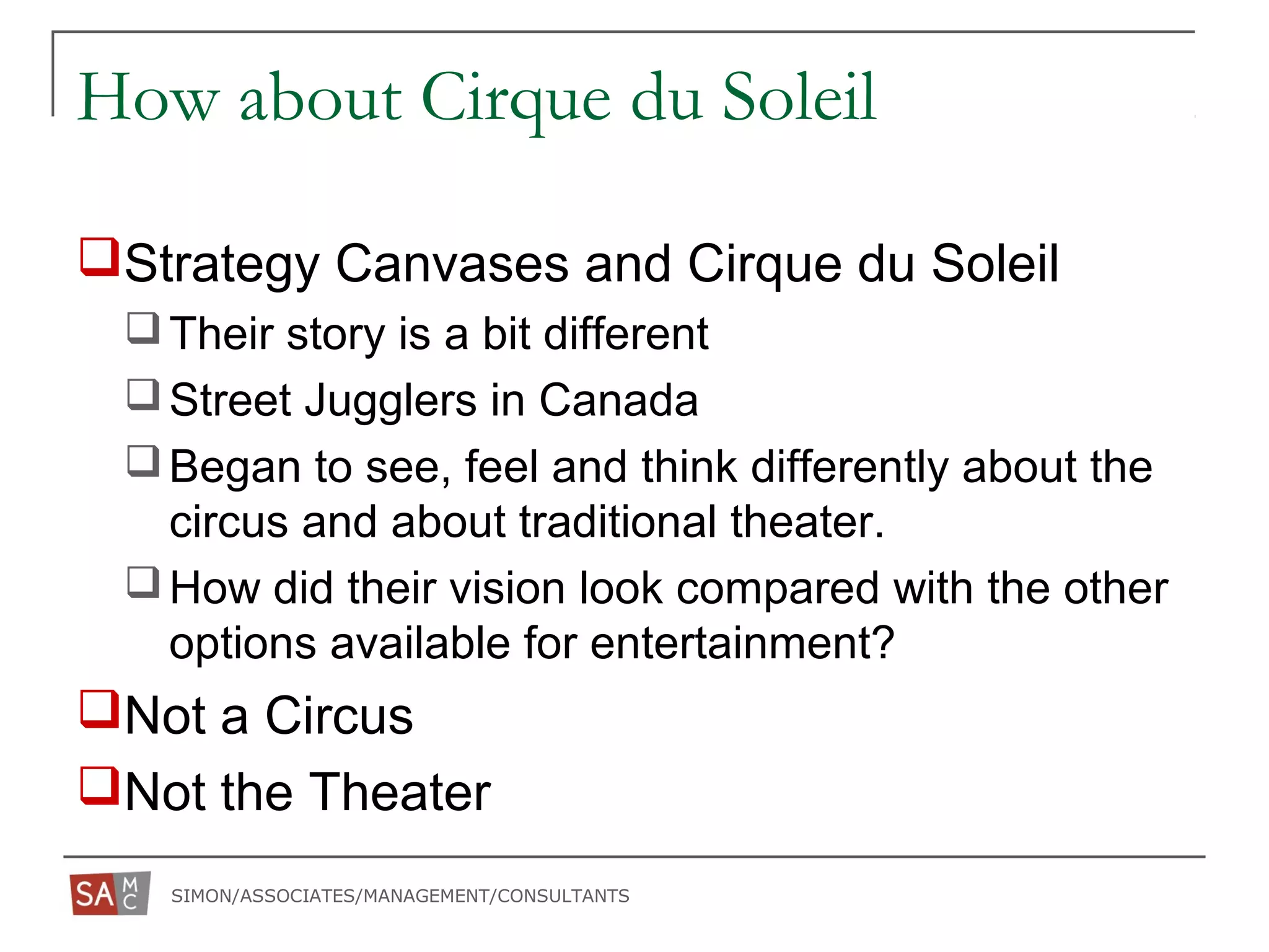 SIMON/ASSOCIATES/MANAGEMENT/CONSULTANTS
How about Cirque du Soleil
Strategy Canvases and Cirque du Soleil
Their story is a bit different
Street Jugglers in Canada
Began to see, feel and think differently about the
circus and about traditional theater.
How did their vision look compared with the other
options available for entertainment?
Not a Circus
Not the Theater
 