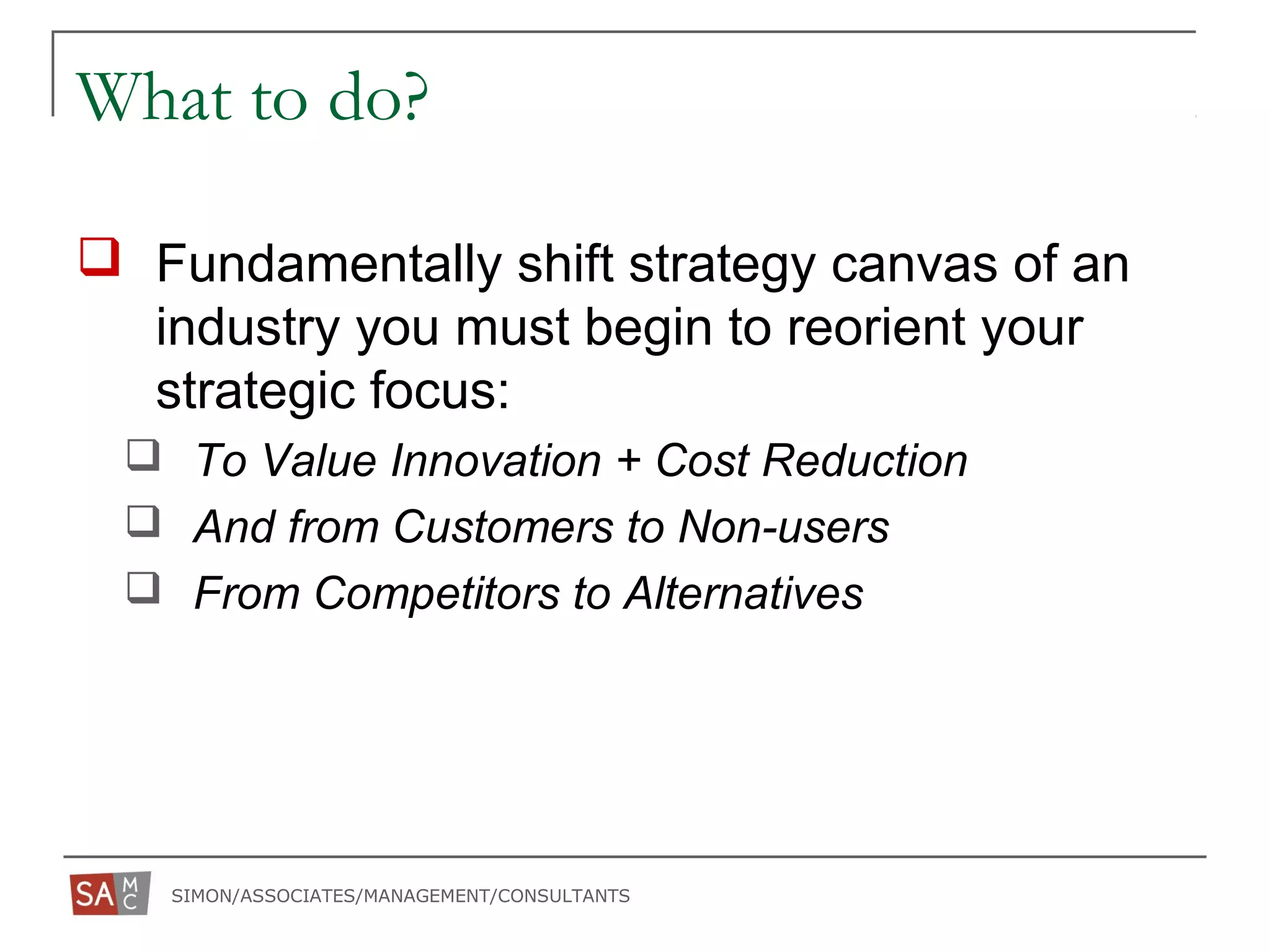 SIMON/ASSOCIATES/MANAGEMENT/CONSULTANTS
What to do?
 Fundamentally shift strategy canvas of an
industry you must begin to reorient your
strategic focus:
 To Value Innovation + Cost Reduction
 And from Customers to Non-users
 From Competitors to Alternatives
 