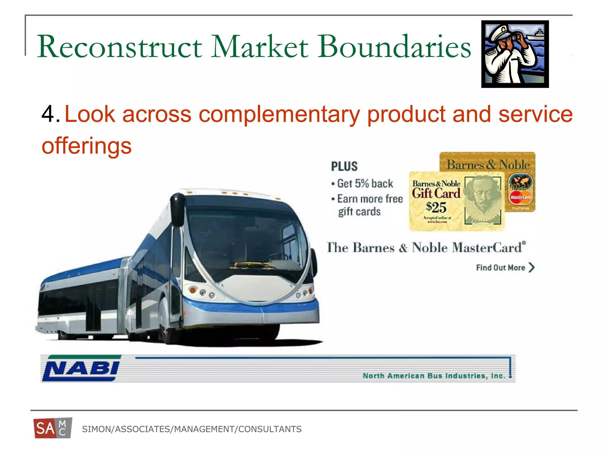 SIMON/ASSOCIATES/MANAGEMENT/CONSULTANTS
4.Look across complementary product and service
offerings
Reconstruct Market Boundaries
 