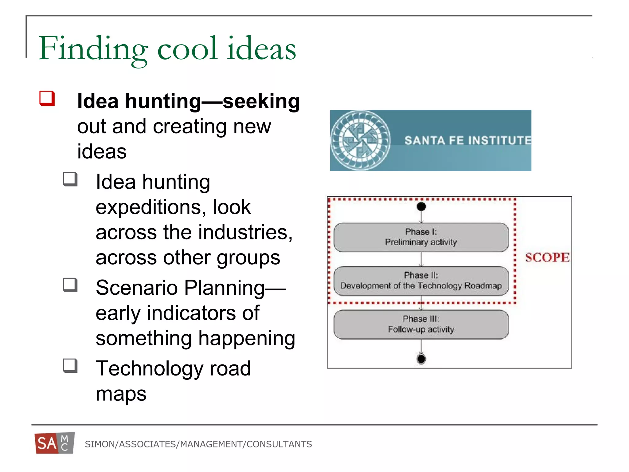 SIMON/ASSOCIATES/MANAGEMENT/CONSULTANTS
Finding cool ideas
 Idea hunting—seeking
out and creating new
ideas
 Idea hunting
expeditions, look
across the industries,
across other groups
 Scenario Planning—
early indicators of
something happening
 Technology road
maps
 