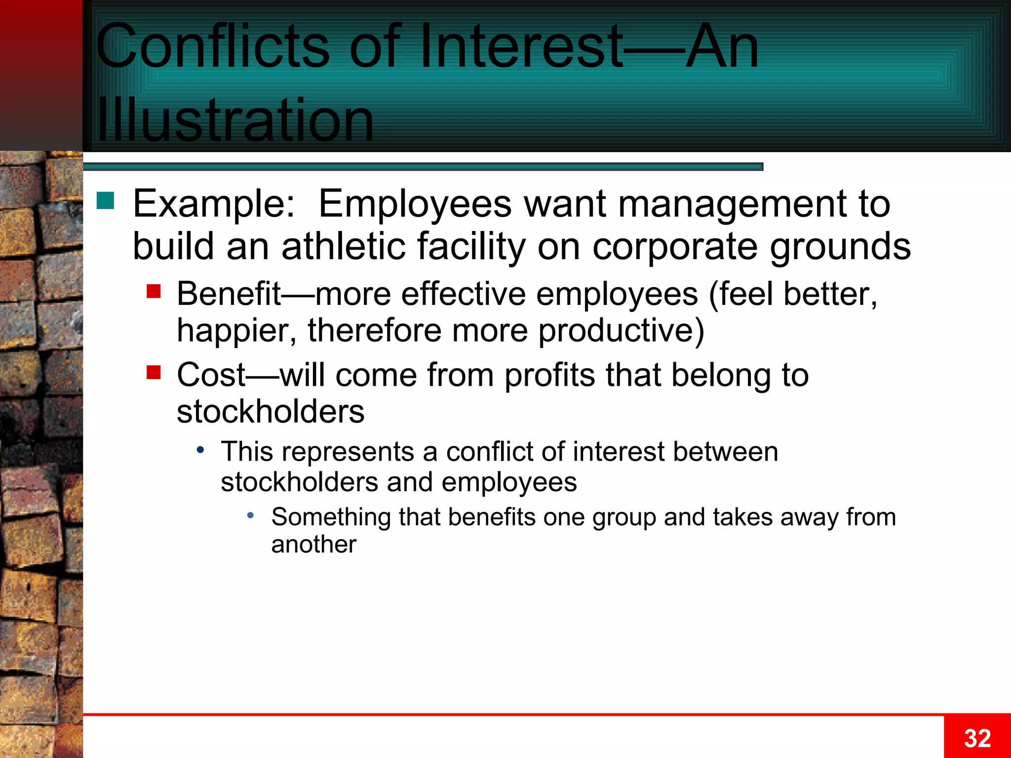 Conflicts of Interest—An Illustration Example:  Employees want management to build an athletic facility on corporate grounds Benefit—more effective employees (feel better, happier, therefore more productive) Cost—will come from profits that belong to stockholders This represents a conflict of interest between stockholders and employees Something that benefits one group and takes away from another 