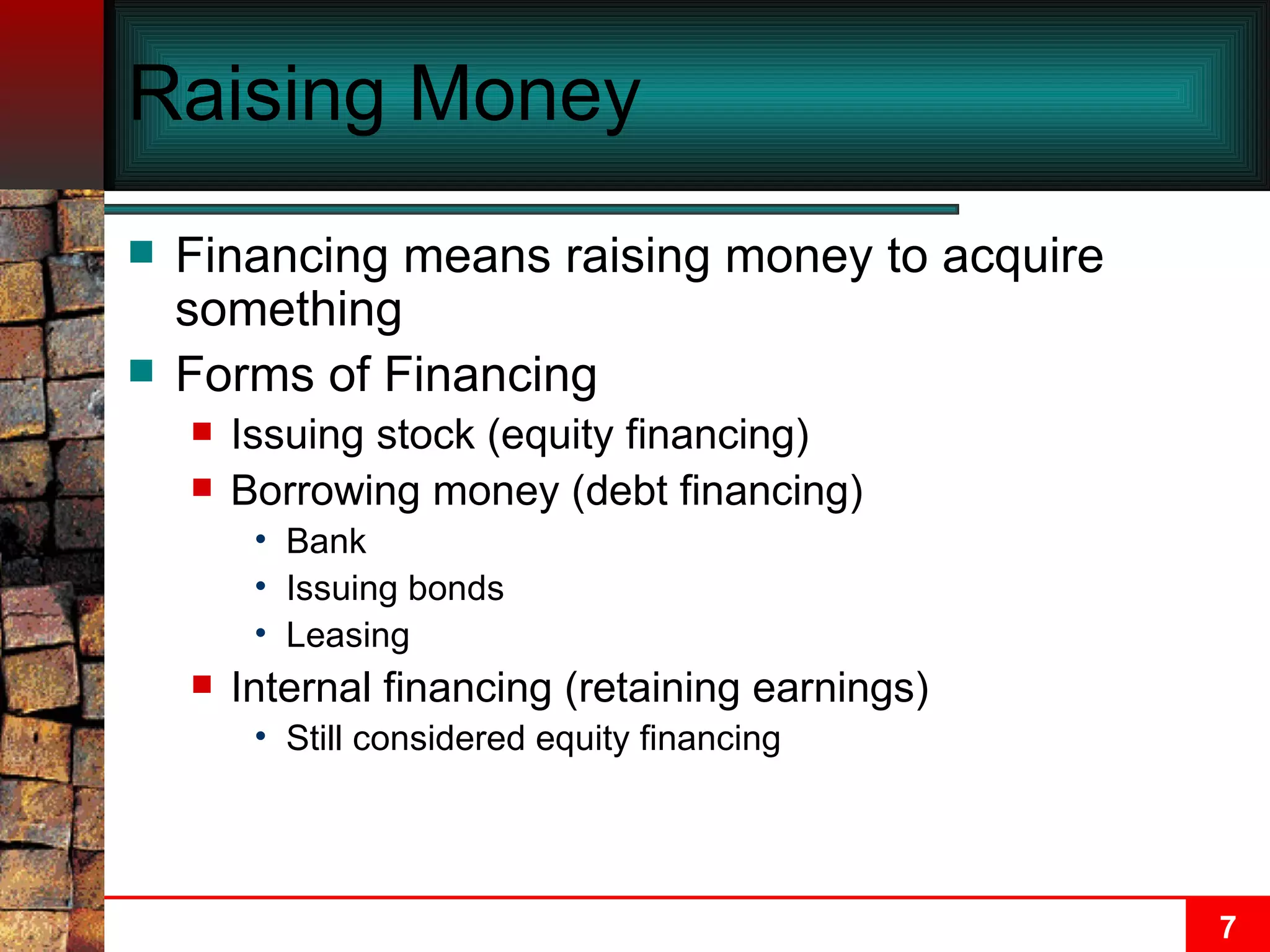 Raising Money Financing means raising money to acquire something Forms of Financing Issuing stock (equity financing) Borrowing money (debt financing) Bank Issuing bonds Leasing Internal financing (retaining earnings) Still considered equity financing 