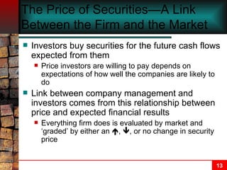 The Price of Securities—A Link Between the Firm and the Market Investors buy securities for the future cash flows expected from them Price investors are willing to pay depends on expectations of how well the companies are likely to do Link between company management and investors comes from this relationship between price and expected financial results Everything firm does is evaluated by market and ‘graded’ by either an   ,   , or no change in security price 