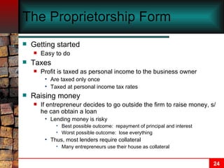 The Proprietorship Form Getting started Easy to do Taxes Profit is taxed as personal income to the business owner Are taxed only once Taxed at personal income tax rates Raising money If entrepreneur decides to go outside the firm to raise money, s/he can obtain a loan Lending money is risky Best possible outcome:  repayment of principal and interest Worst possible outcome:  lose everything Thus, most lenders require collateral Many entrepreneurs use their house as collateral 