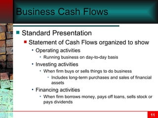 Business Cash Flows Standard Presentation Statement of Cash Flows organized to show Operating activities Running business on day-to-day basis Investing activities When firm buys or sells things to do business Includes long-term purchases and sales of financial assets Financing activities When firm borrows money, pays off loans, sells stock or pays dividends 