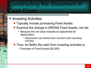 Constructing the Statement of Cash Flows Investing Activities Typically include purchasing Fixed Assets Examine the change in GROSS Fixed Assets, not net Because the net value includes an adjustment for depreciation Depreciation has already been included under operating activities Thus, for Belfry the cash from investing activities is Purchase of Fixed Assets ($2,000) 