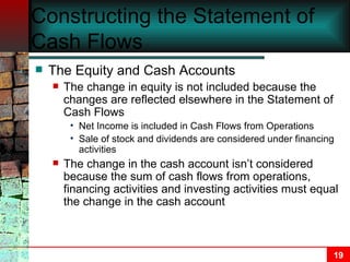 Constructing the Statement of Cash Flows The Equity and Cash Accounts The change in equity is not included because the changes are reflected elsewhere in the Statement of Cash Flows Net Income is included in Cash Flows from Operations Sale of stock and dividends are considered under financing activities The change in the cash account isn’t considered because the sum of cash flows from operations, financing activities and investing activities must equal the change in the cash account 