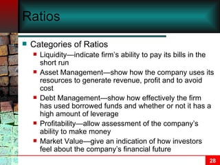 Ratios Categories of Ratios Liquidity—indicate firm’s ability to pay its bills in the short run Asset Management—show how the company uses its resources to generate revenue, profit and to avoid cost Debt Management—show how effectively the firm has used borrowed funds and whether or not it has a high amount of leverage Profitability—allow assessment of the company’s ability to make money Market Value—give an indication of how investors feel about the company’s financial future 