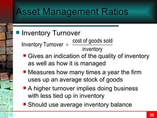 Asset Management Ratios Inventory Turnover Gives an indication of the quality of inventory as well as how it is managed Measures how many times a year the firm uses up an average stock of goods A higher turnover implies doing business with less tied up in inventory Should use average inventory balance 