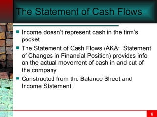 The Statement of Cash Flows Income doesn’t represent cash in the firm’s pocket The Statement of Cash Flows (AKA:  Statement of Changes in Financial Position) provides info on the actual movement of cash in and out of the company Constructed from the Balance Sheet and Income Statement 
