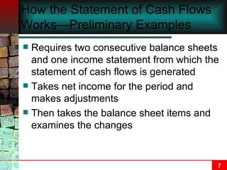How the Statement of Cash Flows Works—Preliminary Examples Requires two consecutive balance sheets and one income statement from which the statement of cash flows is generated Takes net income for the period and makes adjustments Then takes the balance sheet items and examines the changes 