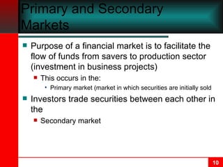 Primary and Secondary Markets Purpose of a financial market is to facilitate the flow of funds from savers to production sector (investment in business projects)  This occurs in the: Primary market (market in which securities are initially sold Investors trade securities between each other in the Secondary market 