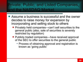 Private, Public, and Listed Companies, and the NASDAQ Market Assume a business is successful and the owner decides to raise money for expansion by incorporating and selling stock to others Privately held companies—can’t sell securities to the general public (also, sale of securities is severely restricted by regulation) Publicly traded companies—have received approval of the SEC to offer securities to the general public Process of obtaining approval and registration is known as ‘going public’ 