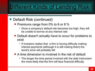 Different Kinds of Lending Risk Default Risk (continued) Premiums range from 0% to 6 or 8 % Once a company's default risk becomes too high, they will be unable to borrow at any interest rate Default doesn't actually have to occur for problems to exist If investors realize that  a firm is having difficulty making interest payments (although it is still making them) the bond's price will probably fall A time dimension is involved in the risk of default The longer the time period involved with the debt instrument the more likely that the firm will face financial difficulty 
