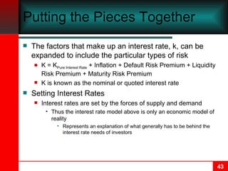 Putting the Pieces Together The factors that make up an interest rate, k, can be expanded to include the particular types of risk K = K Pure Interest Rate  + Inflation + Default Risk Premium + Liquidity Risk Premium + Maturity Risk Premium K is known as the nominal or quoted interest rate Setting Interest Rates Interest rates are set by the forces of supply and demand Thus the interest rate model above is only an economic model of reality Represents an explanation of what generally has to be behind the interest rate needs of investors 