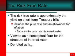 The Risk-Free Rate The risk-free rate is approximately the yield on short-term Treasury bills Includes the pure rate and an allowance for inflation Same as the base rate discussed earlier Viewed as a conceptual floor for the structure of interest rates Denoted as k RF 
