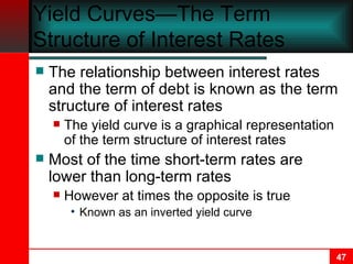 Yield Curves—The Term Structure of Interest Rates The relationship between interest rates and the term of debt is known as the term structure of interest rates The yield curve is a graphical representation of the term structure of interest rates Most of the time short-term rates are lower than long-term rates However at times the opposite is true Known as an inverted yield curve 
