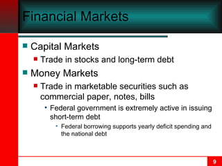 Financial Markets Capital Markets Trade in stocks and long-term debt Money Markets Trade in marketable securities such as commercial paper, notes, bills Federal government is extremely active in issuing short-term debt Federal borrowing supports yearly deficit spending and the national debt 