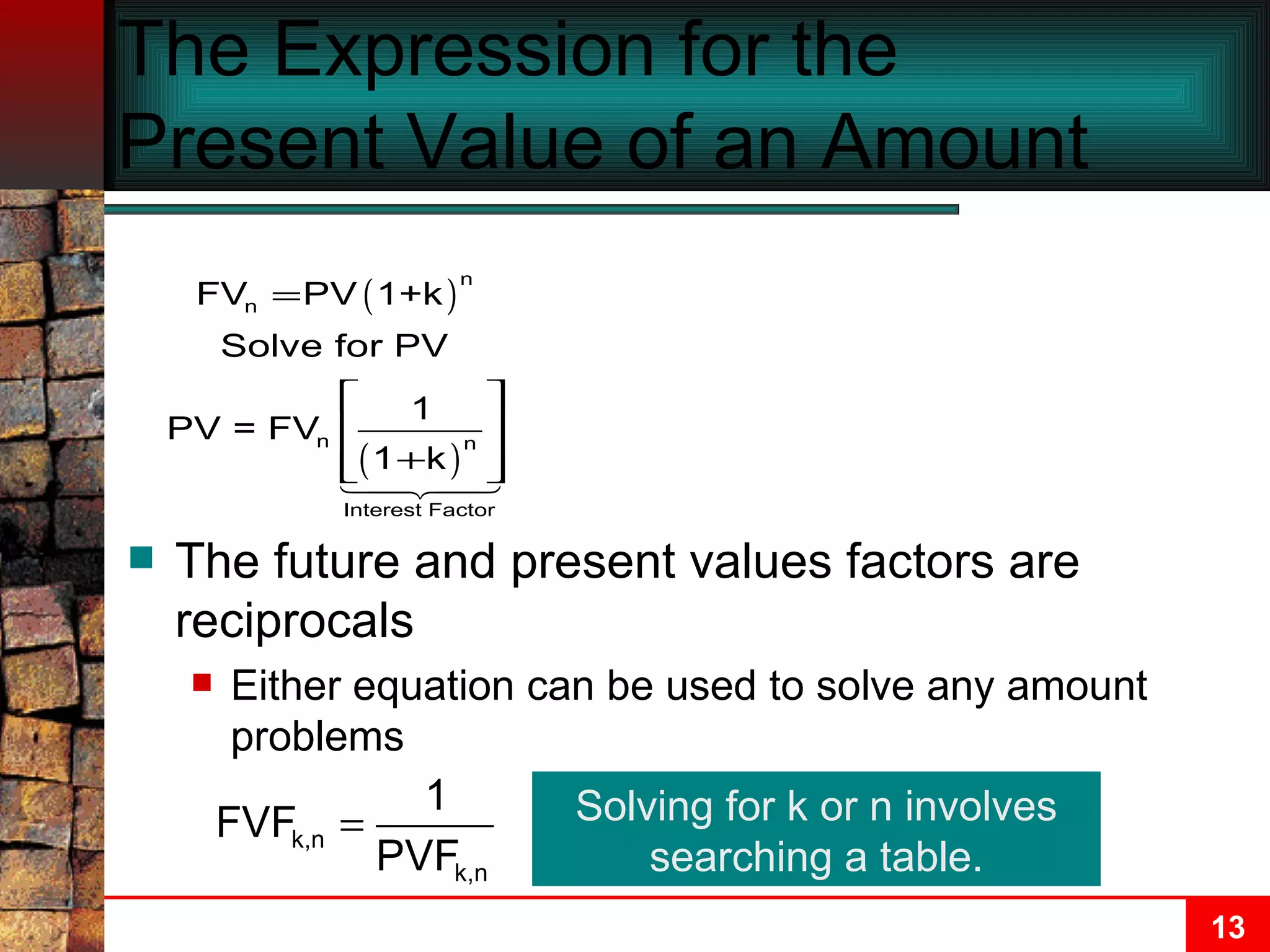 The Expression for the Present Value of an Amount The future and present values factors are reciprocals Either equation can be used to solve any amount problems Solving for k or n involves searching a table. 