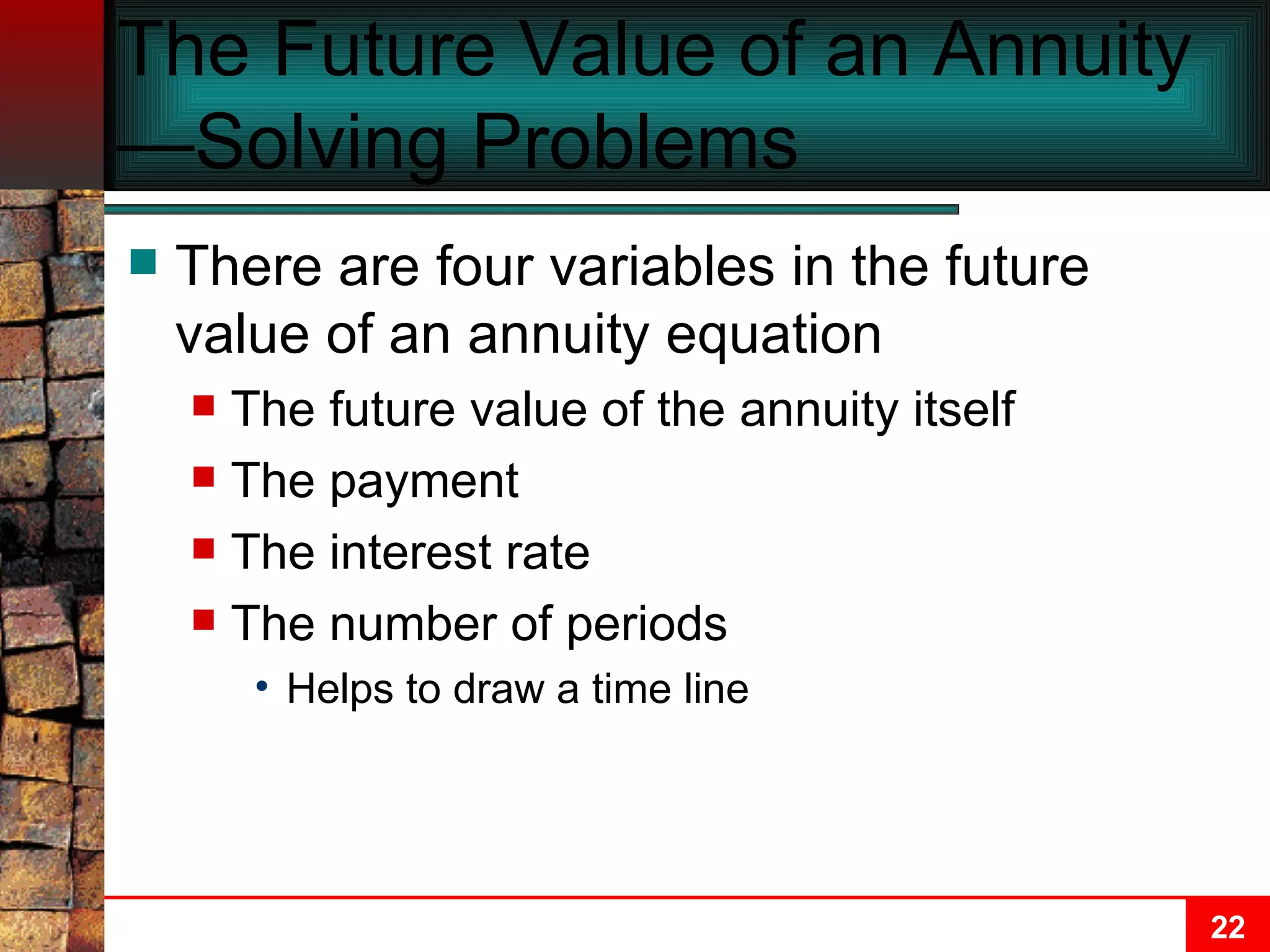 The Future Value of an Annuity—Solving Problems There are four variables in the future value of an annuity equation The future value of the annuity itself The payment The interest rate The number of periods Helps to draw a time line 