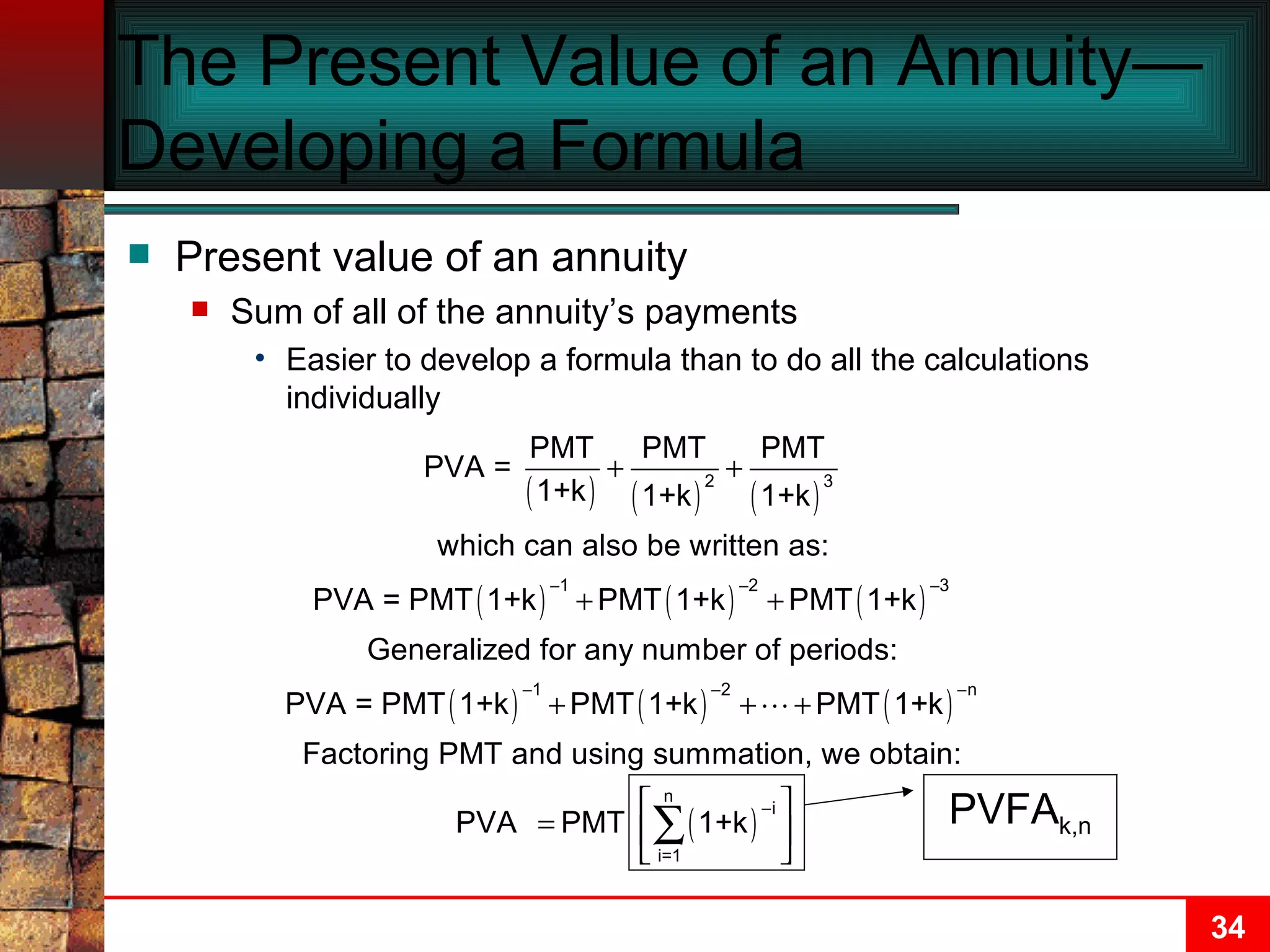 The Present Value of an Annuity—Developing a Formula Present value of an annuity Sum of all of the annuity’s payments Easier to develop a formula than to do all the calculations individually PVFA k,n 