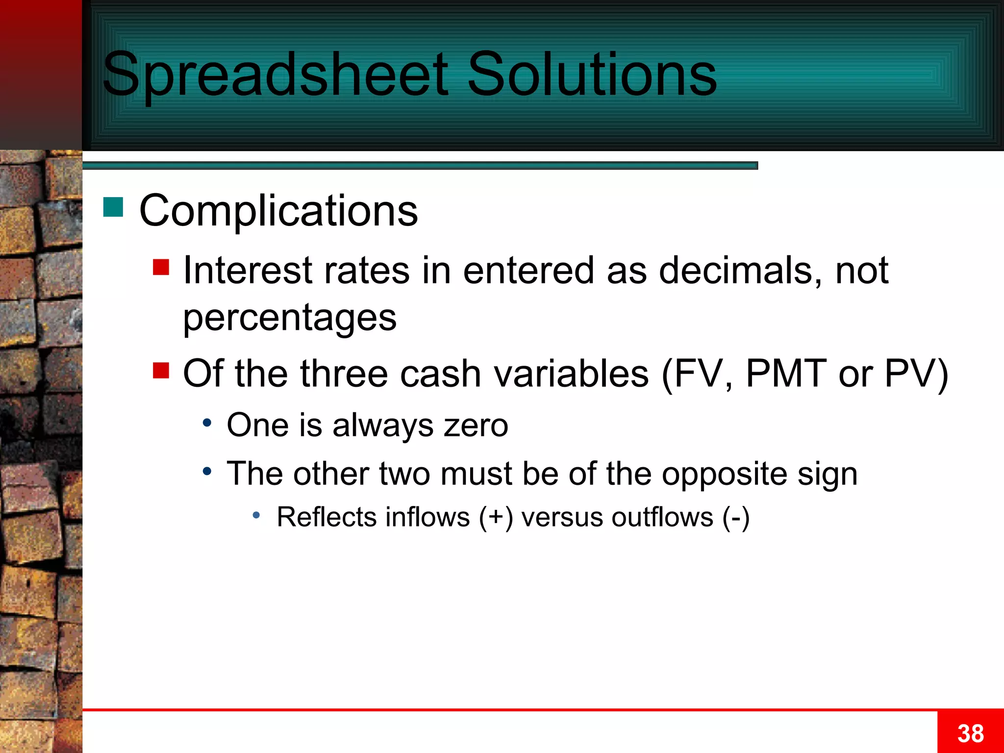 Spreadsheet Solutions Complications Interest rates in entered as decimals, not percentages Of the three cash variables (FV, PMT or PV) One is always zero The other two must be of the opposite sign Reflects inflows (+) versus outflows (-) 
