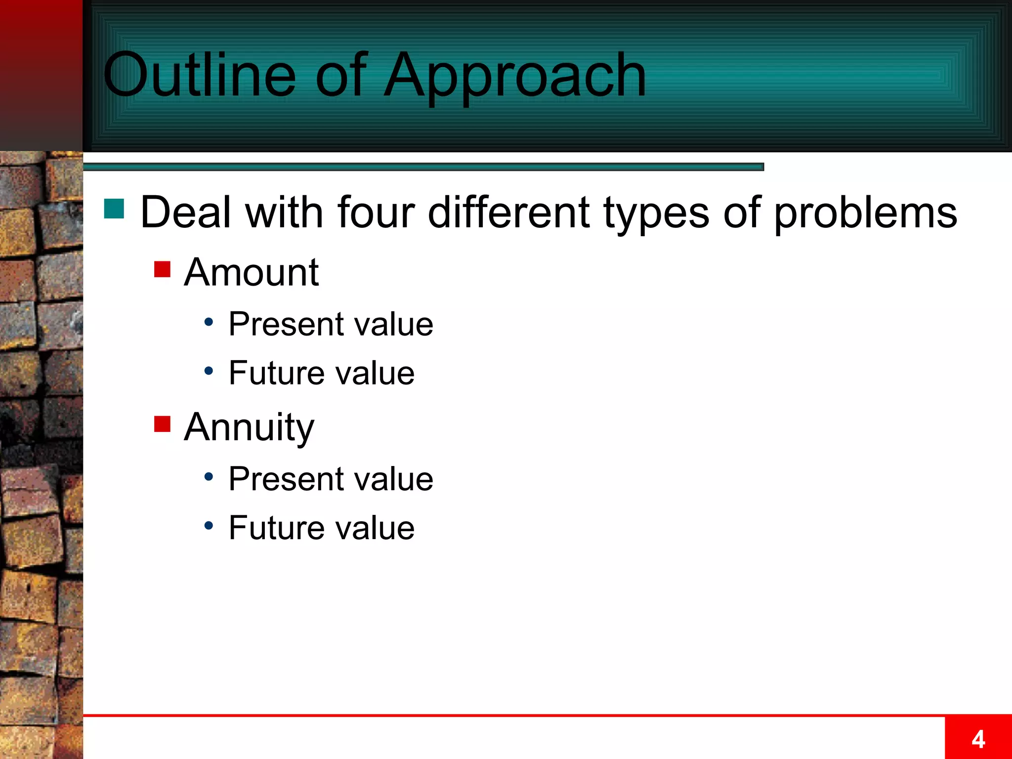Outline of Approach Deal with four different types of problems Amount Present value Future value Annuity Present value Future value 