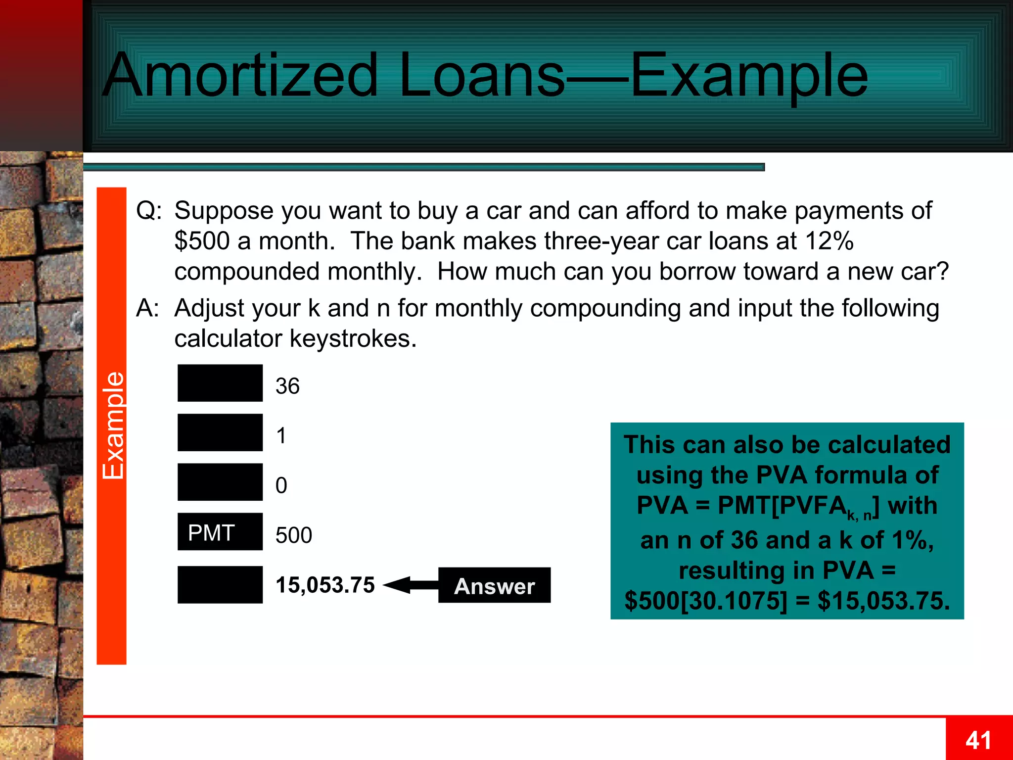 Amortized Loans—Example  PV N FV I/Y 15,053.75 36 0 1 500 PMT Answer Example This can also be calculated using the PVA formula of PVA = PMT[PVFA k, n ] with an n of 36 and a k of 1%, resulting in PVA = $500[30.1075] = $15,053.75. Q: Suppose you want to buy a car and can afford to make payments of $500 a month.  The bank makes three-year car loans at 12% compounded monthly.  How much can you borrow toward a new car? A: Adjust your k and n for monthly compounding and input the following calculator keystrokes. 