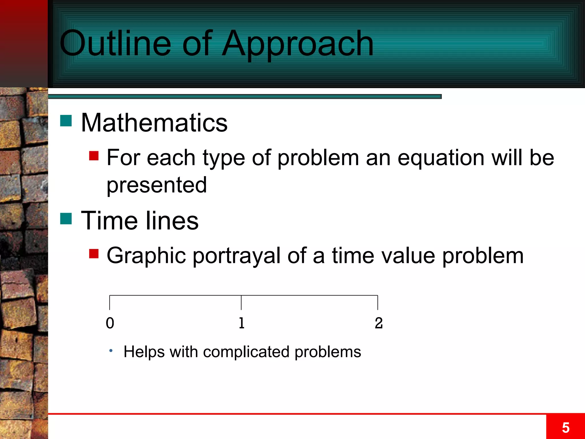 Outline of Approach Mathematics For each type of problem an equation will be presented Time lines Graphic portrayal of a time value problem Helps with complicated problems 0 1 2 