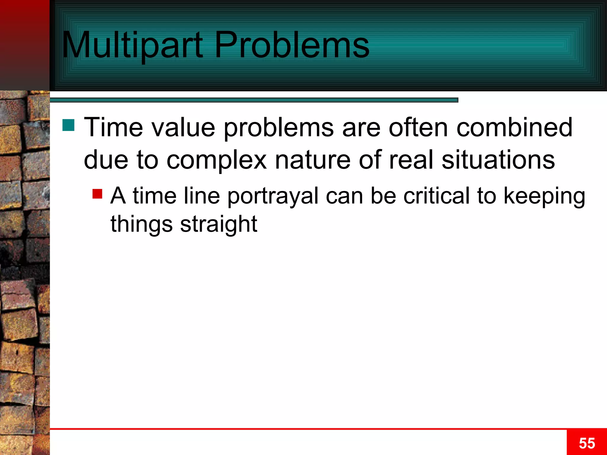 Multipart Problems Time value problems are often combined due to complex nature of real situations A time line portrayal can be critical to keeping things straight 