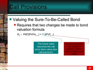 Call Provisions Valuing the Sure-To-Be-Called Bond Requires that two changes be made to bond valuation formula N now represents the number of periods until the bond is likely to be called. The future value becomes the call price (face value plus call premium). 