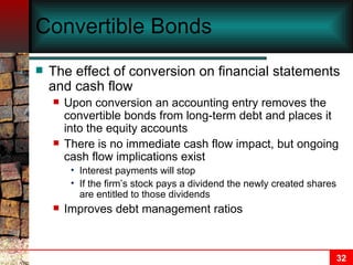 Convertible Bonds The effect of conversion on financial statements and cash flow Upon conversion an accounting entry removes the convertible bonds from long-term debt and places it into the equity accounts There is no immediate cash flow impact, but ongoing cash flow implications exist Interest payments will stop If the firm’s stock pays a dividend the newly created shares are entitled to those dividends Improves debt management ratios 