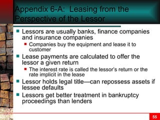 Appendix 6-A:  Leasing from the Perspective of the Lessor Lessors are usually banks, finance companies and insurance companies Companies buy the equipment and lease it to customer Lease payments are calculated to offer the lessor a given return The interest rate is called the lessor’s return or the rate implicit in the lease Lessor holds legal title—can repossess assets if lessee defaults Lessors get better treatment in bankruptcy proceedings than lenders 