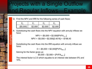 Projects with a Single Outflow and Regular Inflows—Example  Q: Find the NPV and IRR for the following series of cash flows: Example A:  Substituting the cash flows into the NPV equation with annuity inflows we have: NPV = -$5,000 + $2,000[PVFA 12, 3 ] NPV = -$5,000 + $2,000[2.4018] = -$196.40 Substituting the cash flows into the IRR equation with annuity inflows we have: 0 = -$5,000 + $2,000[PVFA IRR, 3 ] Solving for the factor gives us:   $5,000    $2,000 = [PVFA IRR, 3 ] The interest factor is 2.5 which equates to an interest rate between 9% and 10%. $2,000 C 1 ($5,000) C 0 $2,000 C 2 $2,000 C 3 