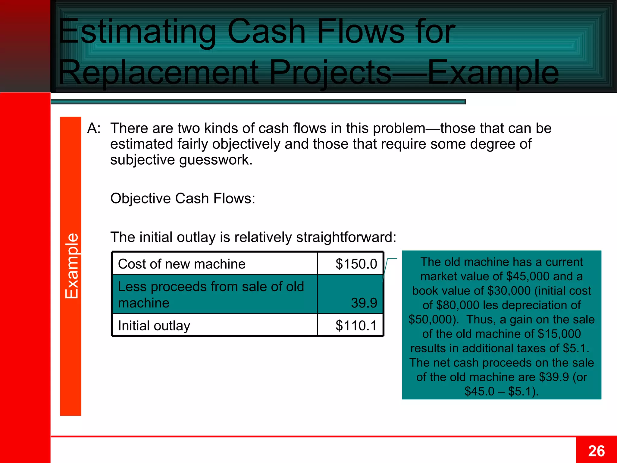 Estimating Cash Flows for Replacement Projects—Example  A: There are two kinds of cash flows in this problem—those that can be estimated fairly objectively and those that require some degree of subjective guesswork. Objective Cash Flows: The initial outlay is relatively straightforward: Example $110.1 Initial outlay 39.9 Less proceeds from sale of old machine $150.0 Cost of new machine The old machine has a current market value of $45,000 and a book value of $30,000 (initial cost of $80,000 les depreciation of $50,000).  Thus, a gain on the sale of the old machine of $15,000 results in additional taxes of $5.1.  The net cash proceeds on the sale of the old machine are $39.9 (or $45.0 – $5.1). 